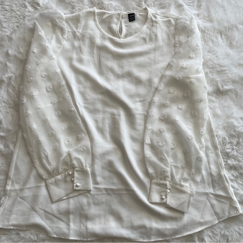 Shein White Polka Dot Sheer Sleeve Blouse Women's Size Large *NEW*